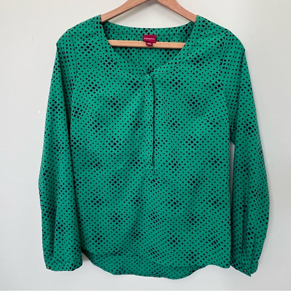 Merona Emerald Green with Navy Patterned Blouse
